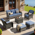 ovios 6 Pieces Patio Furniture Set, Outdoor Wicker Sofas with Glass Coffee Table and Comfy Cushions, All Weather High Back Couch Set for Deck Porch, Grey Rattan, Denim Blue