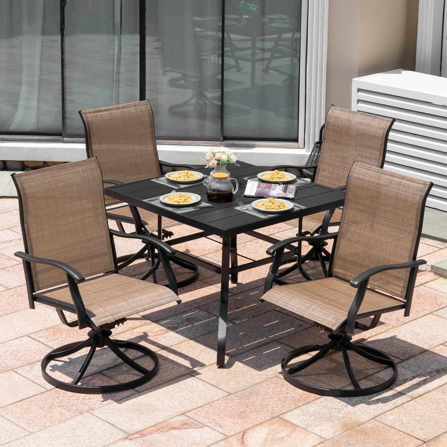 NUU GARDEN Patio Dining Chairs Set of 4, Swivel Patio Sling Chairs Set of 2 All-Weather Textilene Outdoor Chairs with Iron Frame for Outdoor Lawn Garden Backyard, Brown