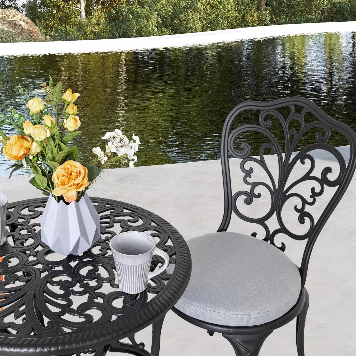 NUU GARDEN Bistro Set 3 Piece Outdoor All Weather Cast Aluminum Patio Bistro Set Patio Table and Chairs Set of 2 with Umbrella Hole and Gray Cushions for Backyard, Balcony, Lawn, Black