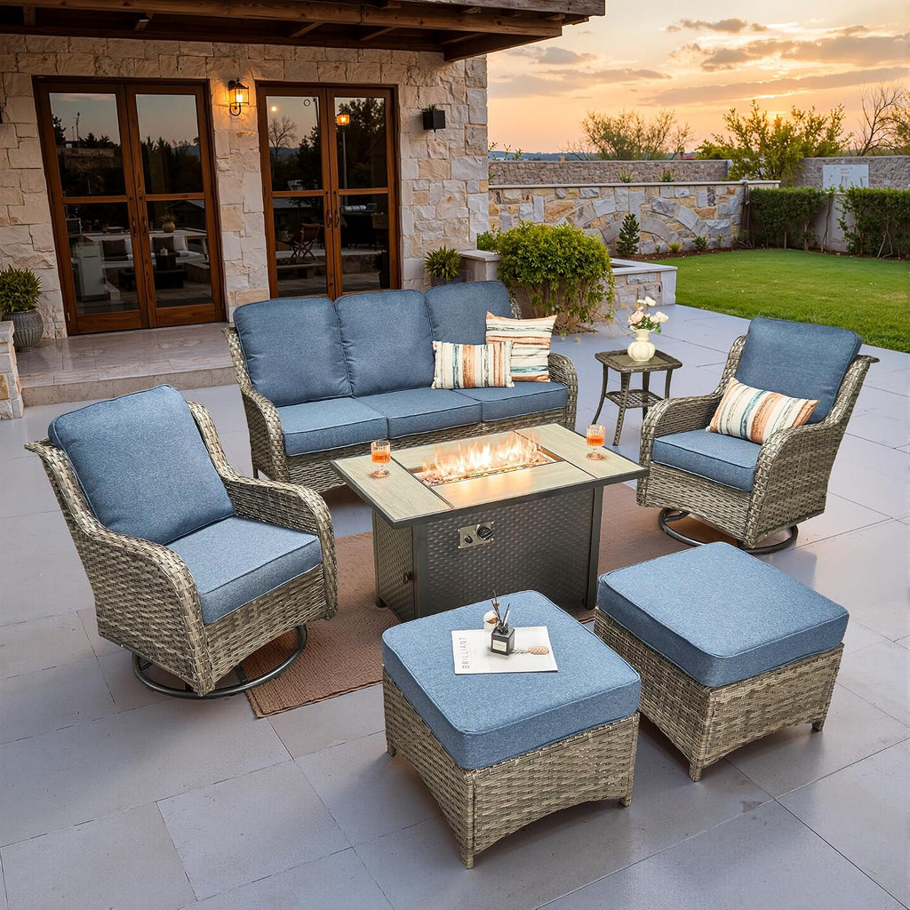 ovios 7-Piece Patio Furniture Set with Swivel Chairs Side Table, Outdoor Wicker Sofa with 42' Fire Pit Table, High Back Couch Modern Conversation Sets, Grey/Denim Blue