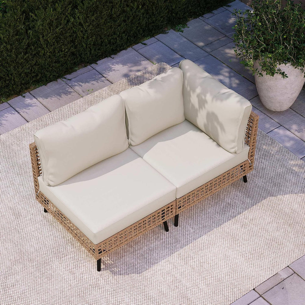 LAUSAINT HOME 2 Pieces Outdoor Sectional Sofa Set, All-Weather PE Wicker Rattan Patio Conversation Set with Thick Cushions & Coffee Table, Patio Furniture Set for Garden, Backyard, Porch (Beige)