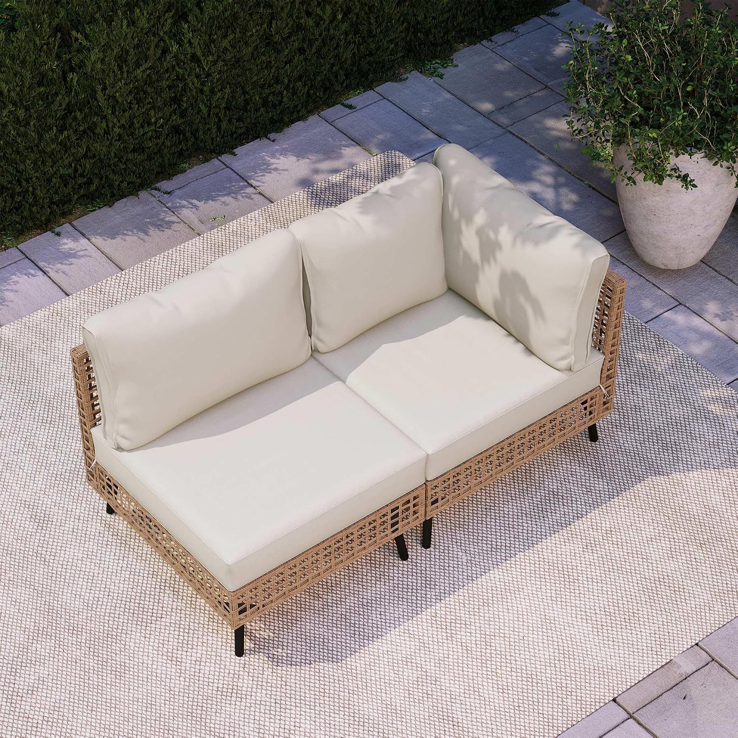 LAUSAINT HOME 2 Pieces Outdoor Sectional Sofa Set, All-Weather PE Wicker Rattan Patio Conversation Set with Thick Cushions & Coffee Table, Patio Furniture Set for Garden, Backyard, Porch (Beige)