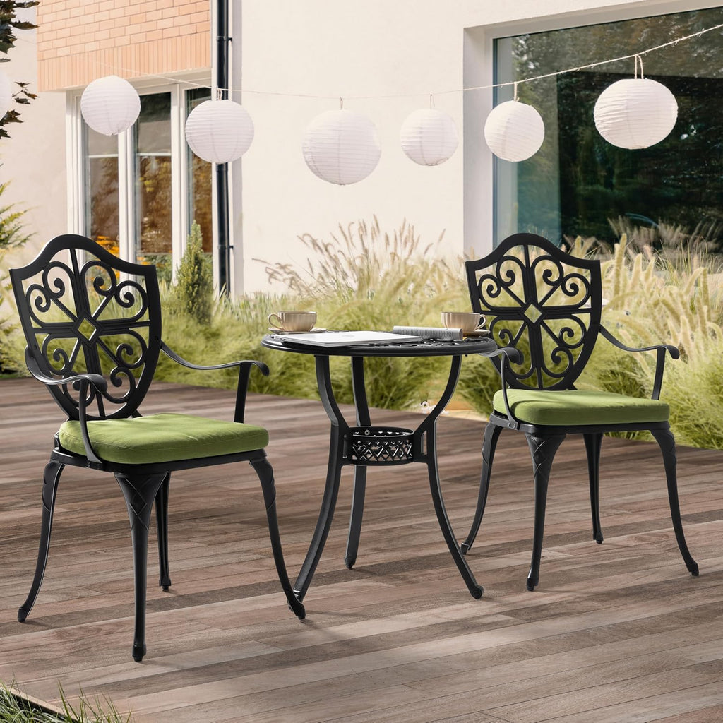 NUU GARDEN 3 Piece Outdoor Bistro Set, Outdoor Cast Aluminum Patio Bistro Table and Chairs Set of 2 with Umbrella Hole and Green Cushions for Backyard, Balcony, Porch, Black