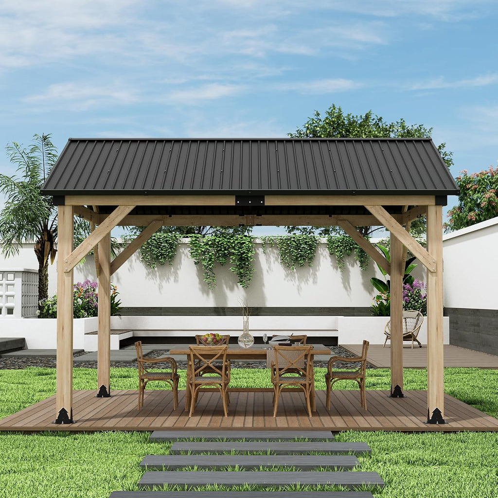 10'x12' Outdoor Patio Wooden Gazebo - Cedar Solid Wood Gazebo with Galvanized Steel Roof, Wooden Frame, Pavilion for Lawns, Beach, Patio, Garden(10X12FT)