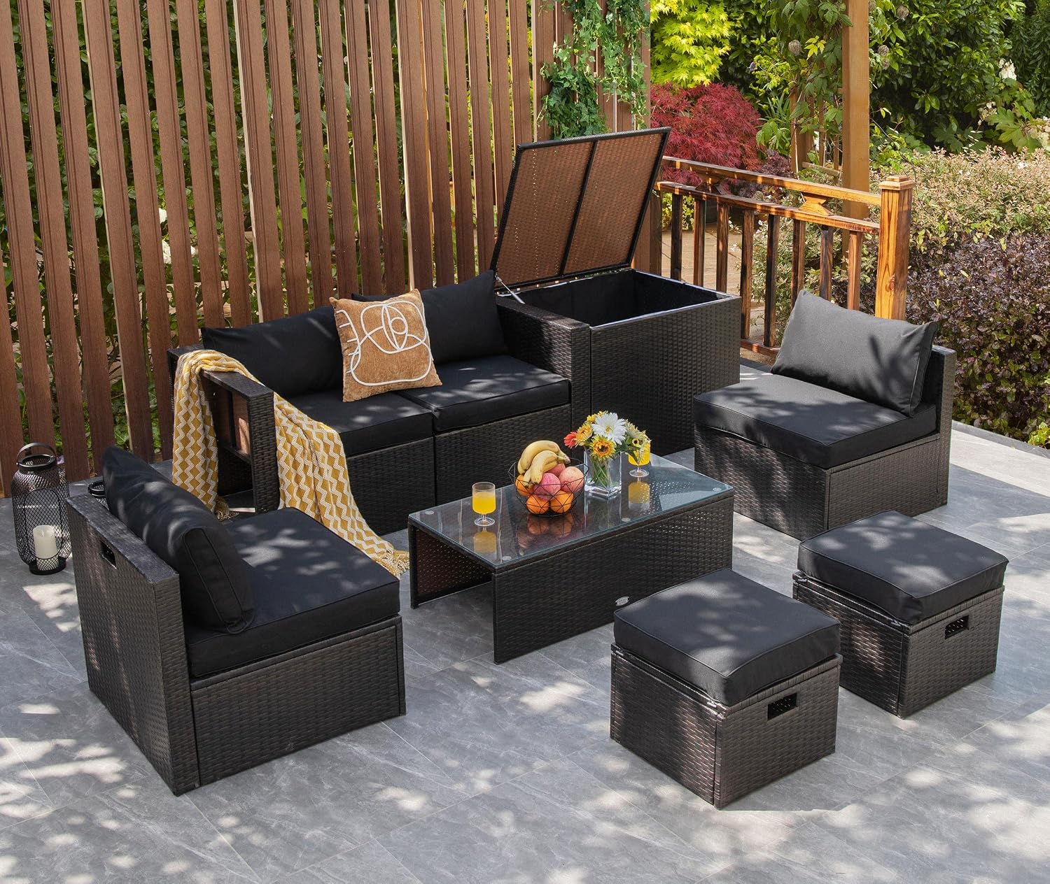 Tangkula 8 Piece Patio Furniture Set, Patiojoy Outdoor Space Saving PE Rattan Sectional Sofa Set for 6 with Waterproof Cover, for Garden, Deck, Poolside and Balcony (Black)