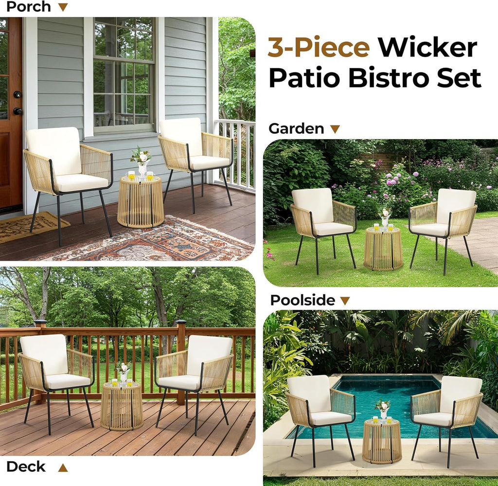 Yaheetech 3 Piece Patio Rattan Bistro Set, Outdoor All Weather PE Wicker Conversation Furniture Set with 2 Chairs & Tempered Glass Top Table & Cushions, for Poolside/Porch/Garden/Yard, Tan/Cream