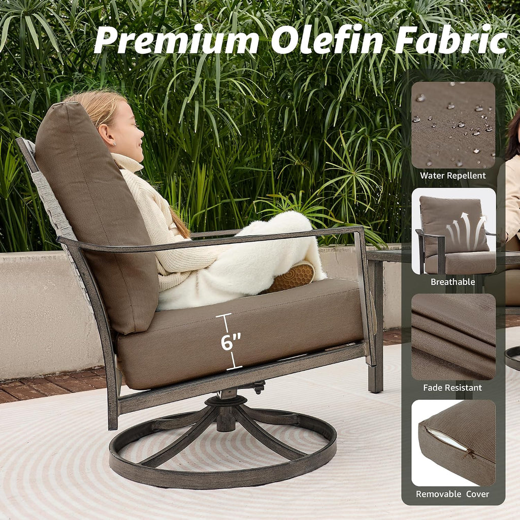 NATURAL EXPRESSIONS Patio Furniture Set,4 Piece Outdoor Conversation Metal Swivel Rocking Chairs Set with Hand-Woven Rope High Back,Sturdy Hand Brushed Wood Grain Finish Frame,6' Cushions for Yard