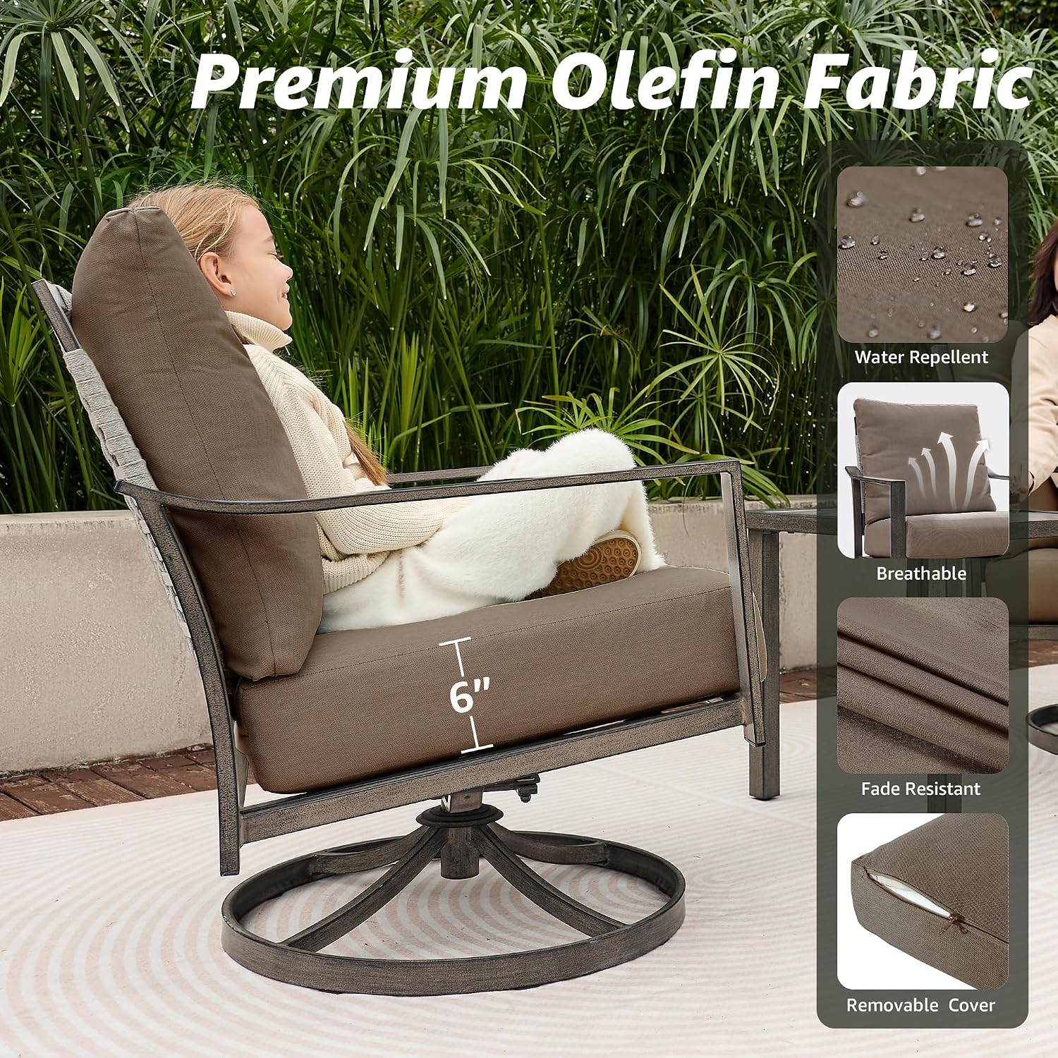 NATURAL EXPRESSIONS Patio Furniture Set,4 Piece Outdoor Conversation Metal Swivel Rocking Chairs Set with Hand-Woven Rope High Back,Sturdy Hand Brushed Wood Grain Finish Frame,6' Cushions for Yard