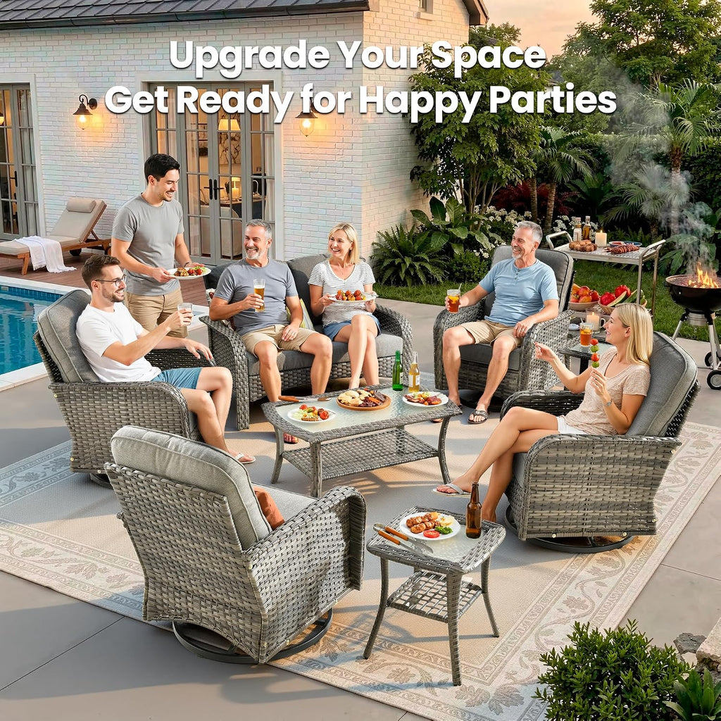 Weaxty 8 Pieces Outdoor Patio Furniture Sets with Swivel Rocking Patio Chairs and Loveseat Sofa,Coffee Table,All Weather Wicker Conversation Set for Deck Backyard Porch Poolside, Dark Gray