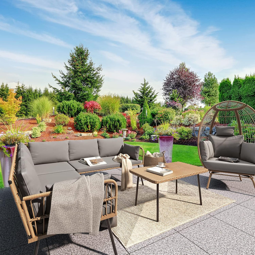 YITAHOME 4 Pieces Patio Furniture Set, Outdoor Wicker Conversation Sectional L-Shaped Sofa with 5 Seater for Backyard, Porch, Boho Detachable Lounger with Thickness Cushions and Side Table - Grey