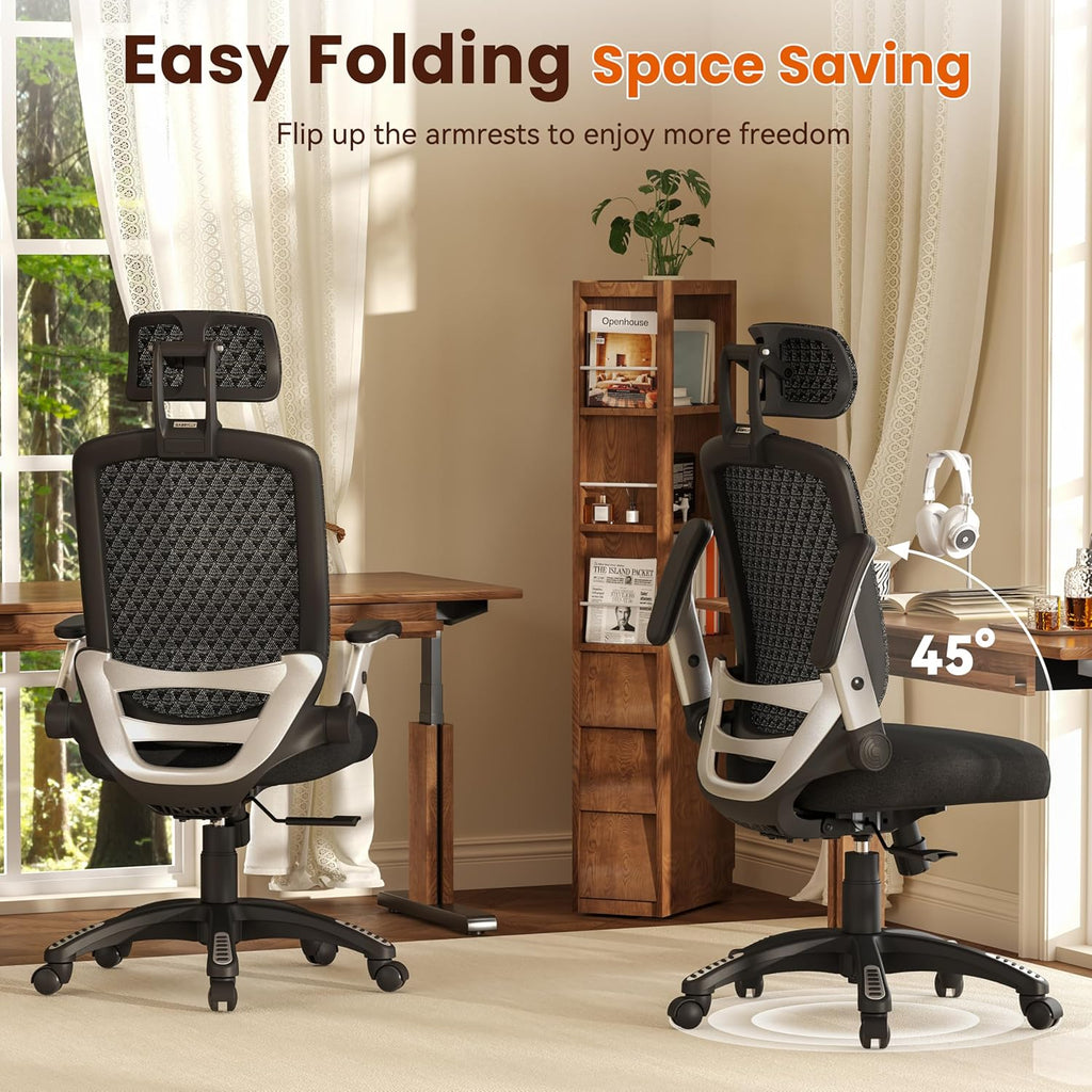 GABRYLLY Ergonomic Office Chair, High Back Home Desk Chair with Flip-Up Arms, 3D Headrest, Thick Sponge Seat &90-120° Recline, Big and Tall Mesh Executive Chairs for Man Woman, Midnight-Cloud