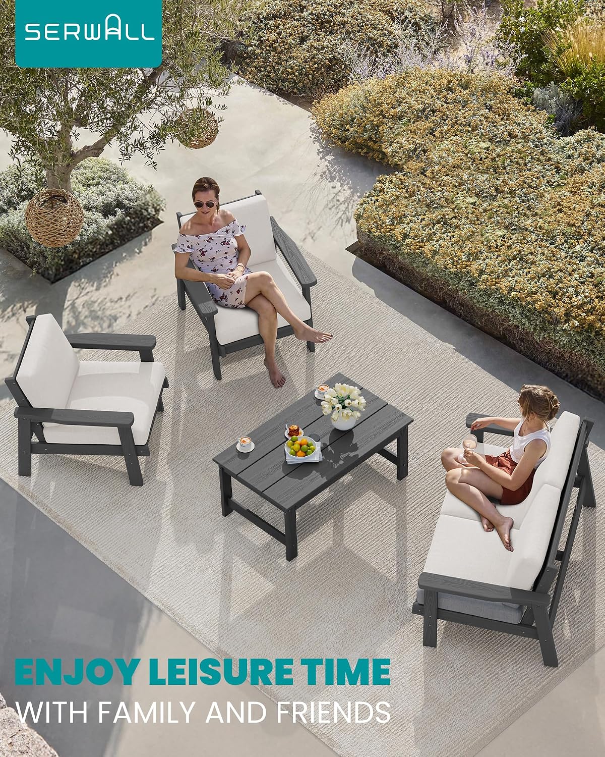 SERWALL HDPE Outdoor Couch, Grey Frame and Khaki Cushion