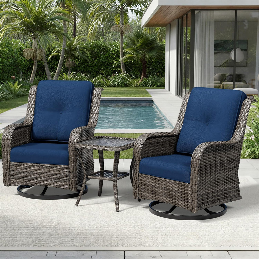 Joyside 3 Piece Wicker Patio Furniture Set, Outdoor Swivel Rocker Patio Chairs with High Back, Deep Seating, Wide Armrest, Thickened Cushions, Outdoor Furniture for Deck, Porch Use