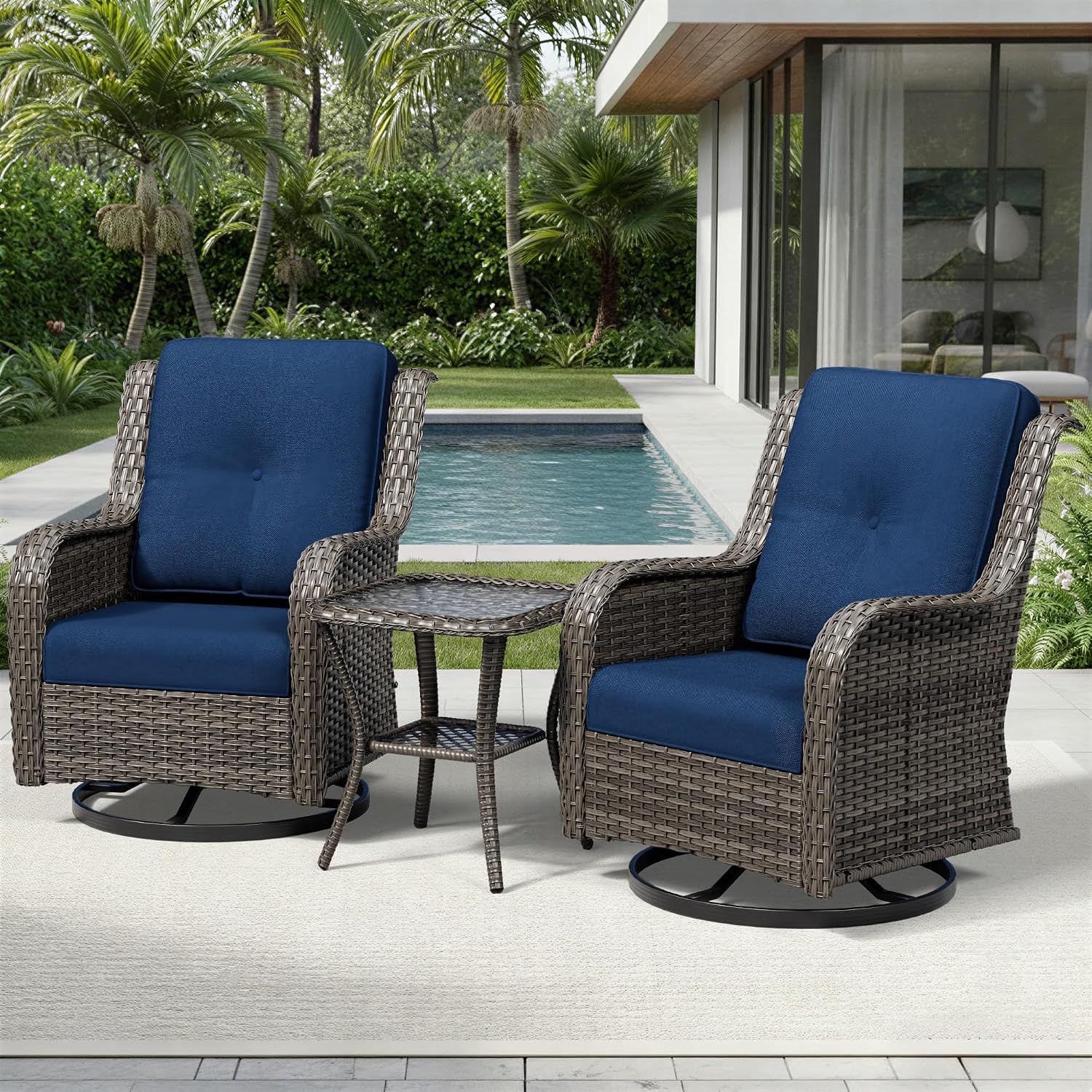 Joyside 3 Piece Wicker Patio Furniture Set, Outdoor Swivel Rocker Patio Chairs with High Back, Deep Seating, Wide Armrest, Thickened Cushions, Outdoor Furniture for Deck, Porch Use