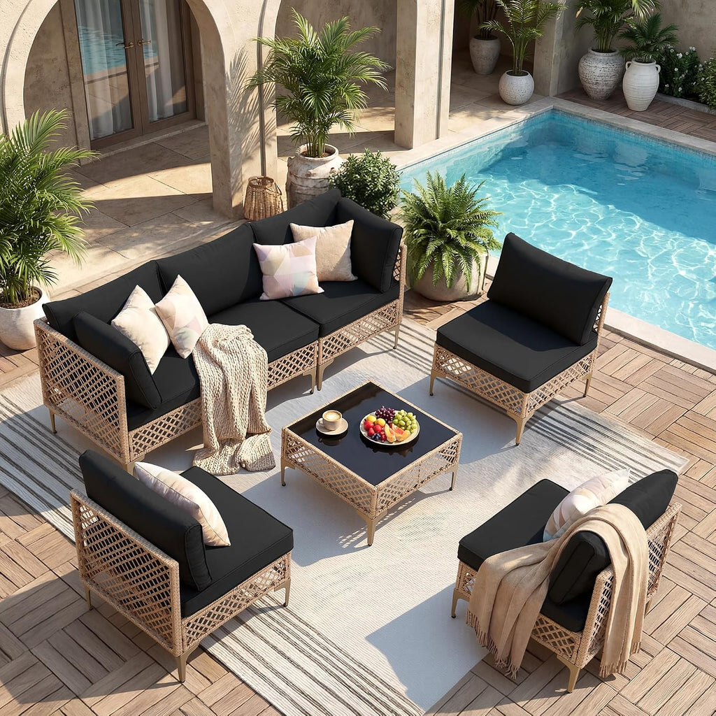 FHFO 7 Piece Patio Furniture Set, Outdoor Wicker Modular Sectional Patio Conversation Set with Thicker Cushion & Tempered Glass Coffee Table for Backyard, Poolside, Porch (Yellow/Black)