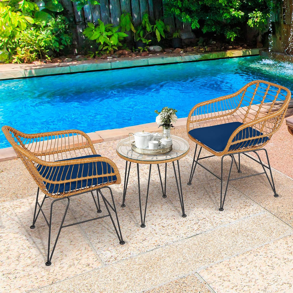 Tangkula 3 Pieces Patio Bistro Set, Rattan Conversation Set with 2 Cushioned Armchairs & Round Glass Coffee Table, Indoor Outdoor Wicker Furniture Set for Balcony, Backyard, Garden, Poolside