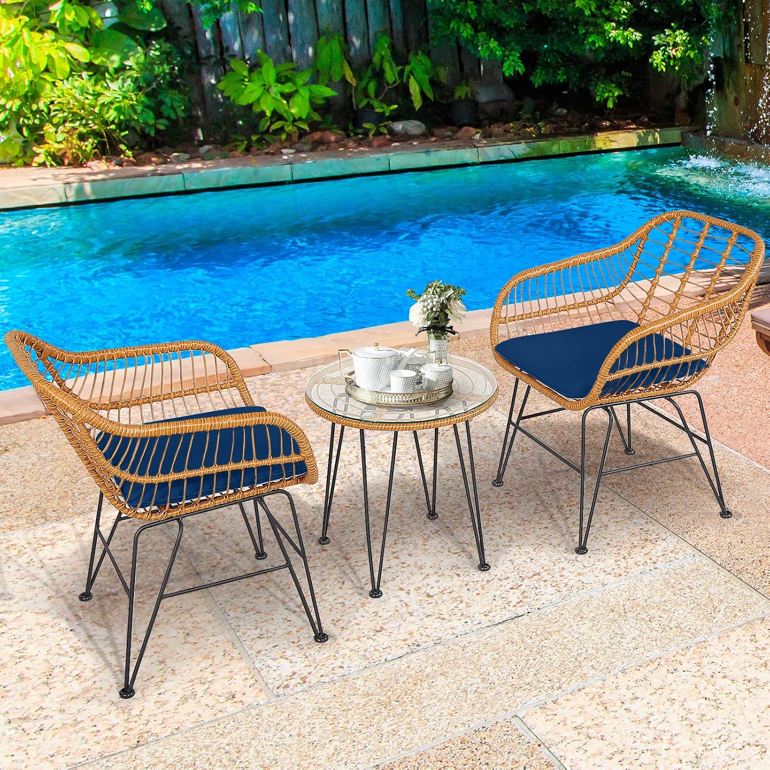 Tangkula 3 Pieces Patio Bistro Set, Rattan Conversation Set with 2 Cushioned Armchairs & Round Glass Coffee Table, Indoor Outdoor Wicker Furniture Set for Balcony, Backyard, Garden, Poolside