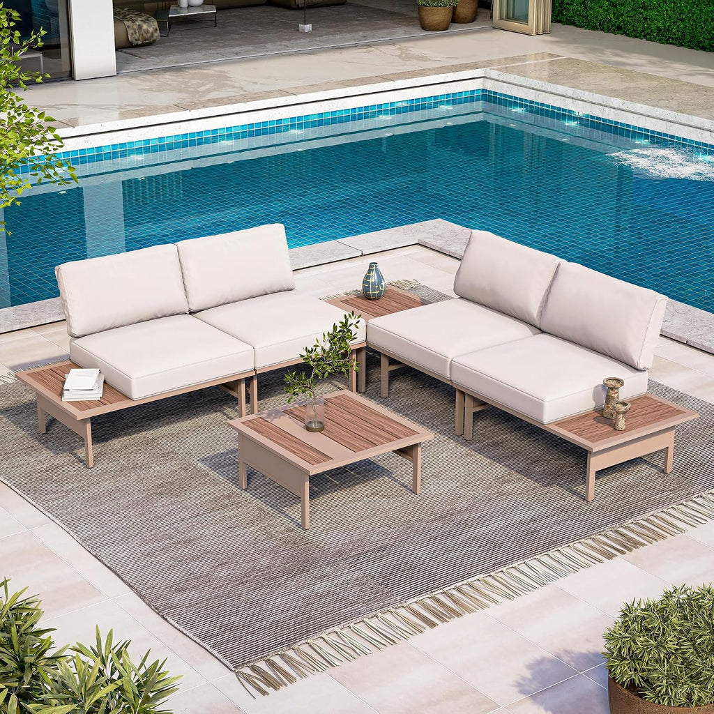 LAUSAINT HOME 6 Pieces Patio Furniture Set, Outdoor Metal Frame Patio Conversation Sets with Coffee Table & Thick Cushions for Garden, Poolside, Backyard(Beige)