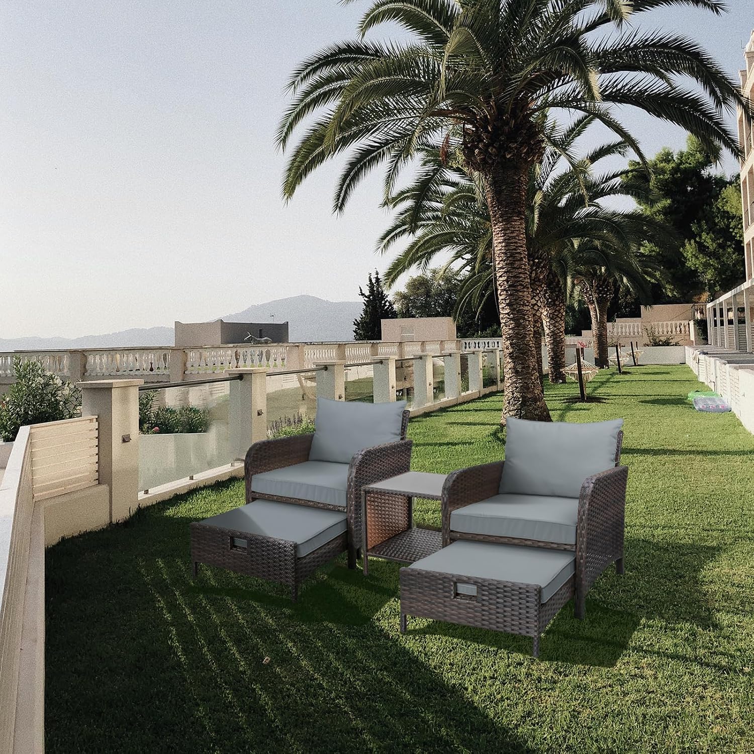 LEVELEVE Balcony Furniture 5 Piece Patio Conversation Set, PE Wicker Rattan Outdoor Lounge Chairs with Soft Cushions 2 Ottoman&Glass Table for Porch, Lawn-Brown Wicker