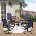 PHI VILLA 5 Piece Outdoor Patio Dining Set with 4 Padded Swivel Dining Chairs & 1 Wood-Look Dining Table, All Weather Blue Chair and Metal Table for Deck Lawn Garden