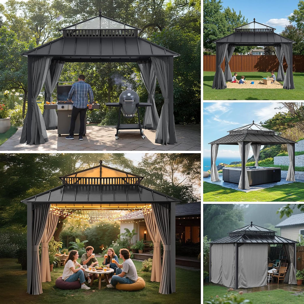 SUNJOY Kingston 12' x 12' Hardtop Gazebo with Galvanized Steel/Polycarbonate Double Roof, Curtain and Netting, Gray Aluminum Posts Permanent Pavilion Gazebo for Garden, Patio, Deck, Lawn