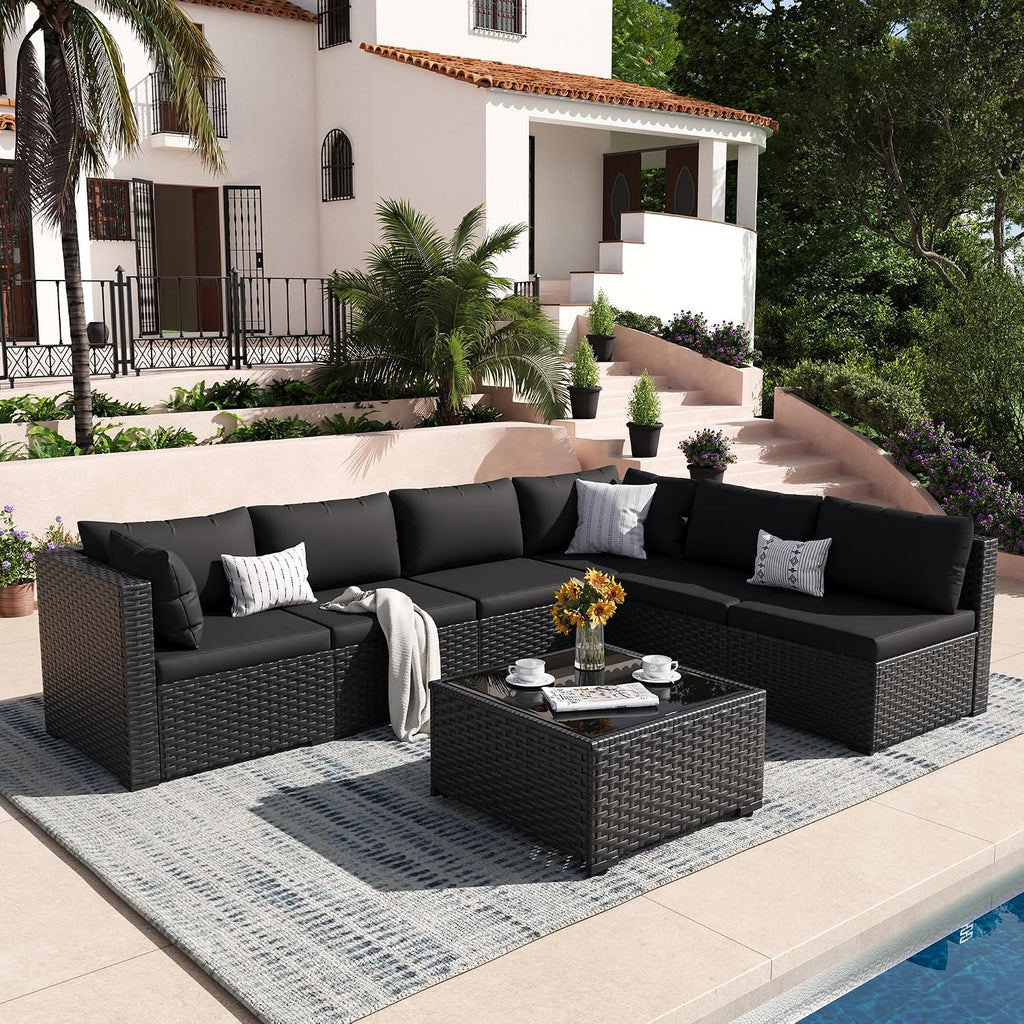 Patio Furniture Set, 7-Piece Outdoor Sectional All-Weather Wicker Patio Conversation Set for Backyard, Poolside, Garden, Black