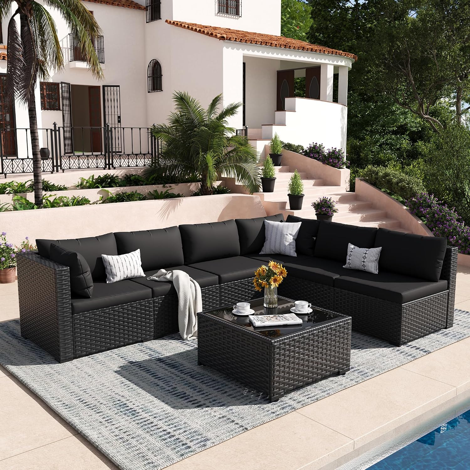 Patio Furniture Set, 7-Piece Outdoor Sectional All-Weather Wicker Patio Conversation Set for Backyard, Poolside, Garden, Black