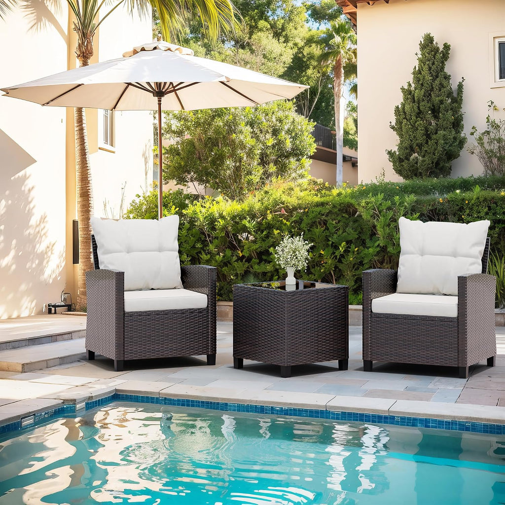Vongrasig 3 Piece Patio Furniture Set Small Outdoor Wicker Rattan Front Porch Bistro Set Cushioned Patio Chairs Conversation Set with Glass Table for Lawn, Garden, Backyard, Balcony, Poolside (Beige)