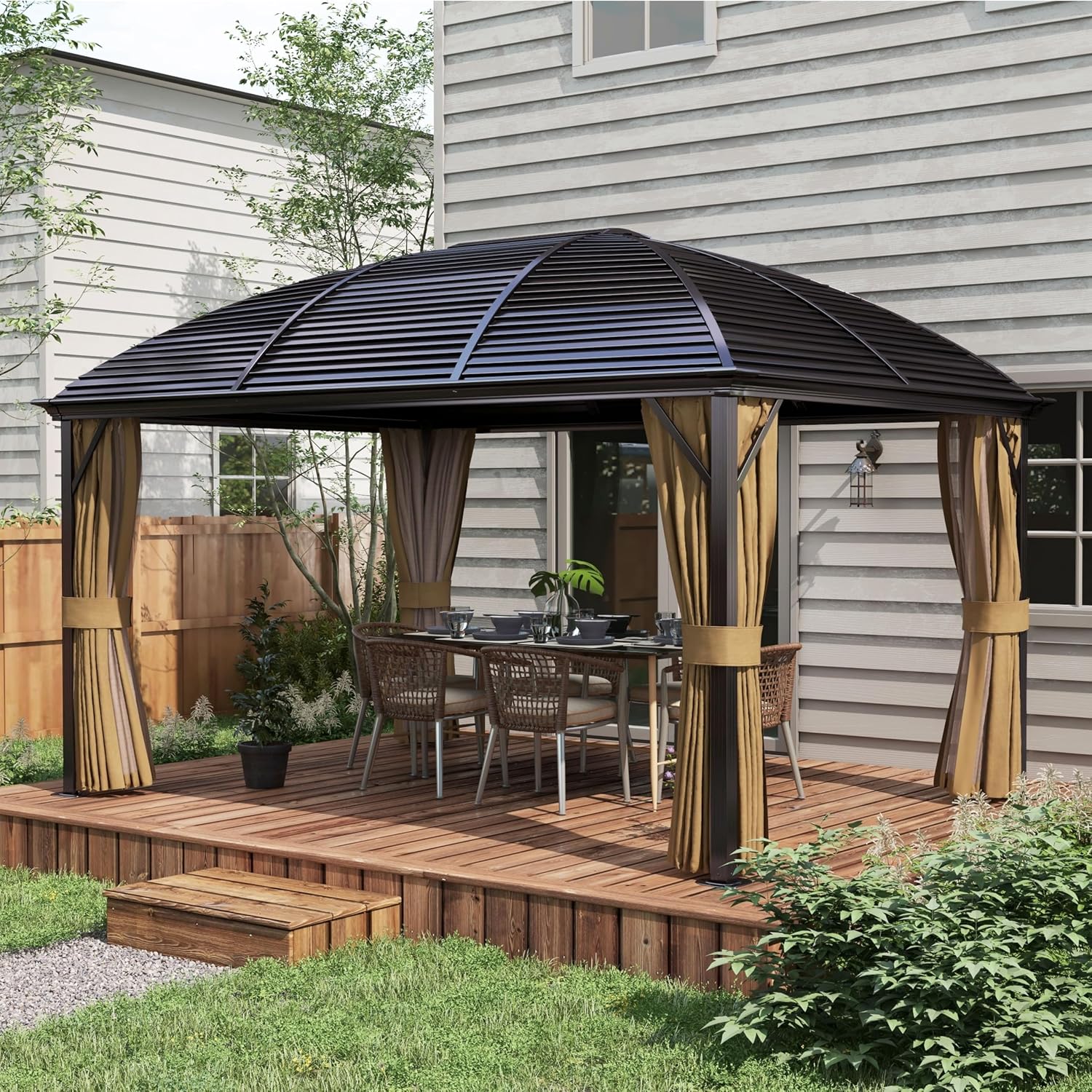 Outsunny 10' x 14' Hardtop Gazebo Canopy with Galvanized Steel Roof, Aluminum Outdoor Pavilion Gazebo with Top Hook, Netting, and Curtains for Patio, Garden, Backyard, Deck, Brown