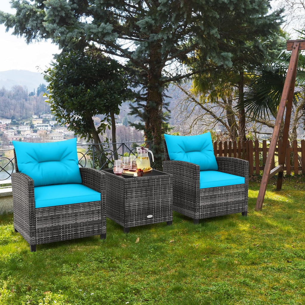 RELAX4LIFE 3 Piece Patio Furniture Set, Wicker Bistro Conversation Set w/2 Cushioned Armchairs & Glass Topped Table, Outdoor Rattan Sofa Set Patio Furniture for Porch Balcony Poolside (Grey-Turquoise)