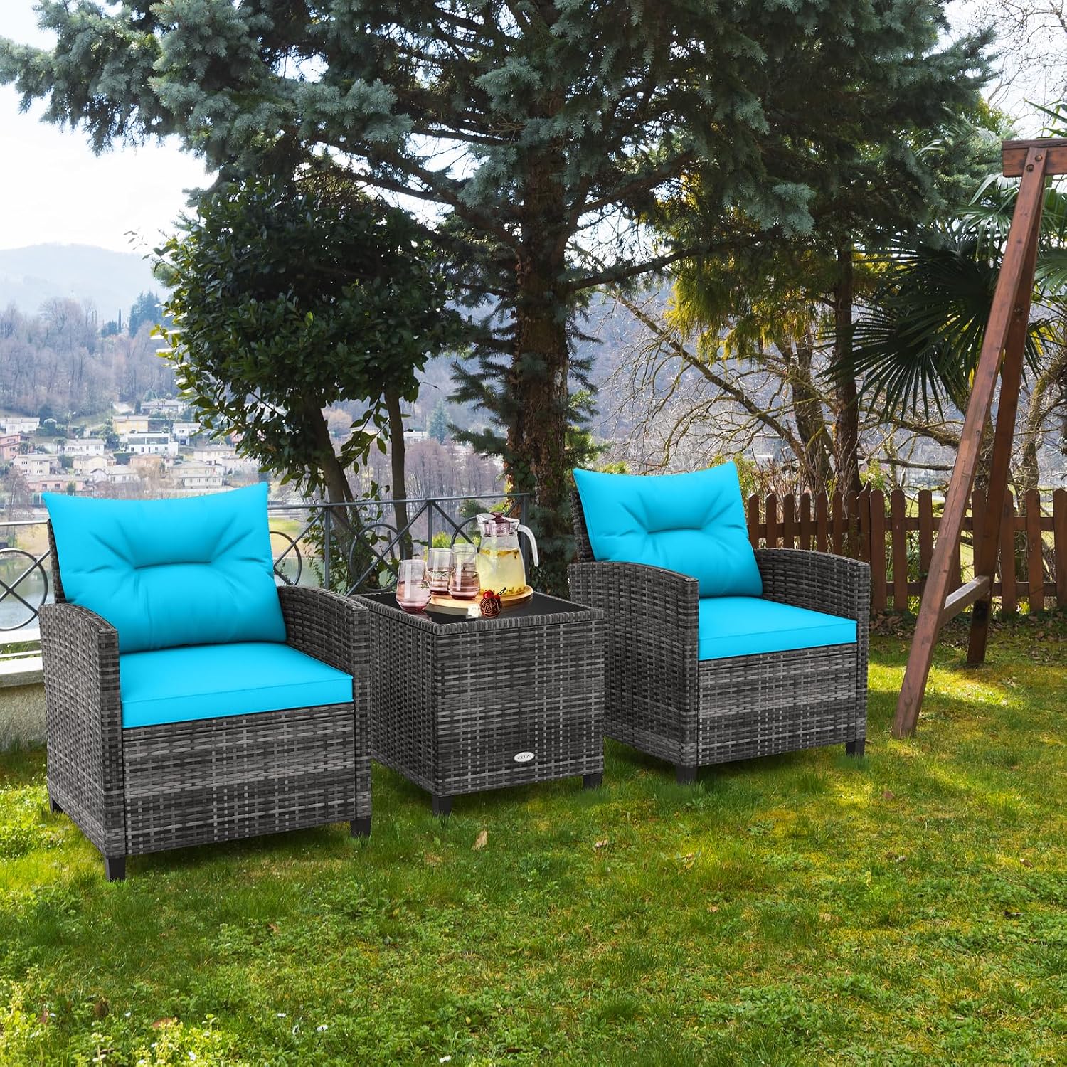 RELAX4LIFE 3 Piece Patio Furniture Set, Wicker Bistro Conversation Set w/2 Cushioned Armchairs & Glass Topped Table, Outdoor Rattan Sofa Set Patio Furniture for Porch Balcony Poolside (Grey-Turquoise)