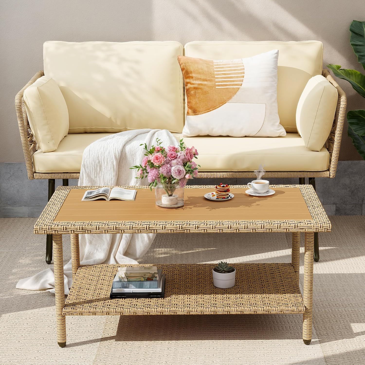DWVO 2-Piece Patio Set, Wicker Loveseat with Plush Cushions & Rattan Side Table, All-Weather Outdoor Conversation Furniture for Balcony, Deck, Backyard, Poolside