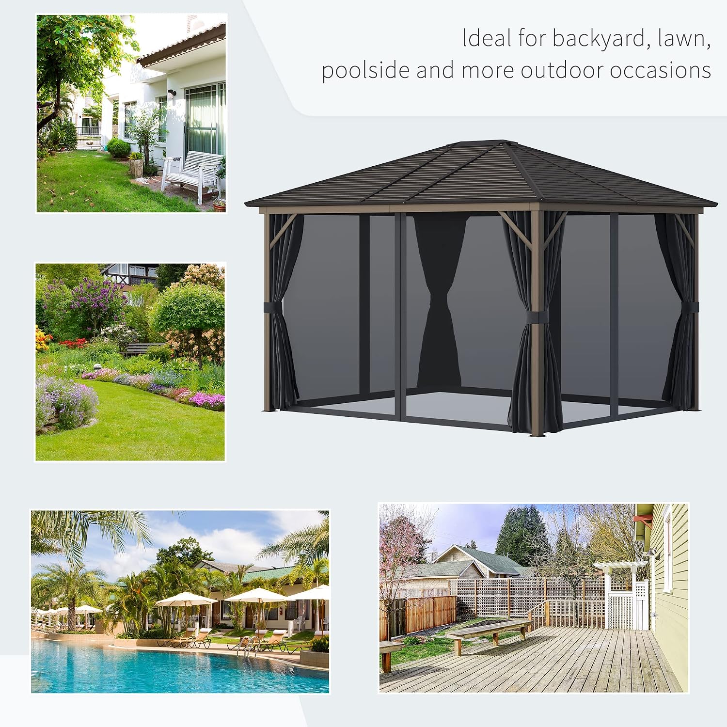 Outsunny 10' x 12' Hardtop Gazebo with Curtains and Netting, Permanent Pavilion Metal Single Roof Gazebo Canopy with Aluminum Frame and Hooks, for Garden, Patio, Backyard, Dark Gray