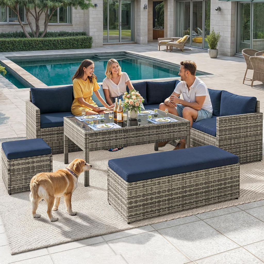 YITAHOME 6-Piece Outdoor Sectional Sofa Set, All-Weather Wicker Patio Conversation Furniture with Lift-Top Dining Table & Ottoman, Navy Blue