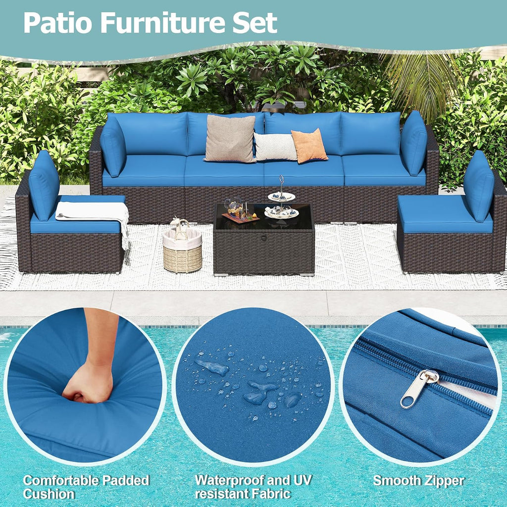 HOMREST 7 Piece Patio Furniture Set with Adjustable Bracket All-Weather Wicker Conversation Set with Coffee Table for Porch Garden Backyard (Blue)