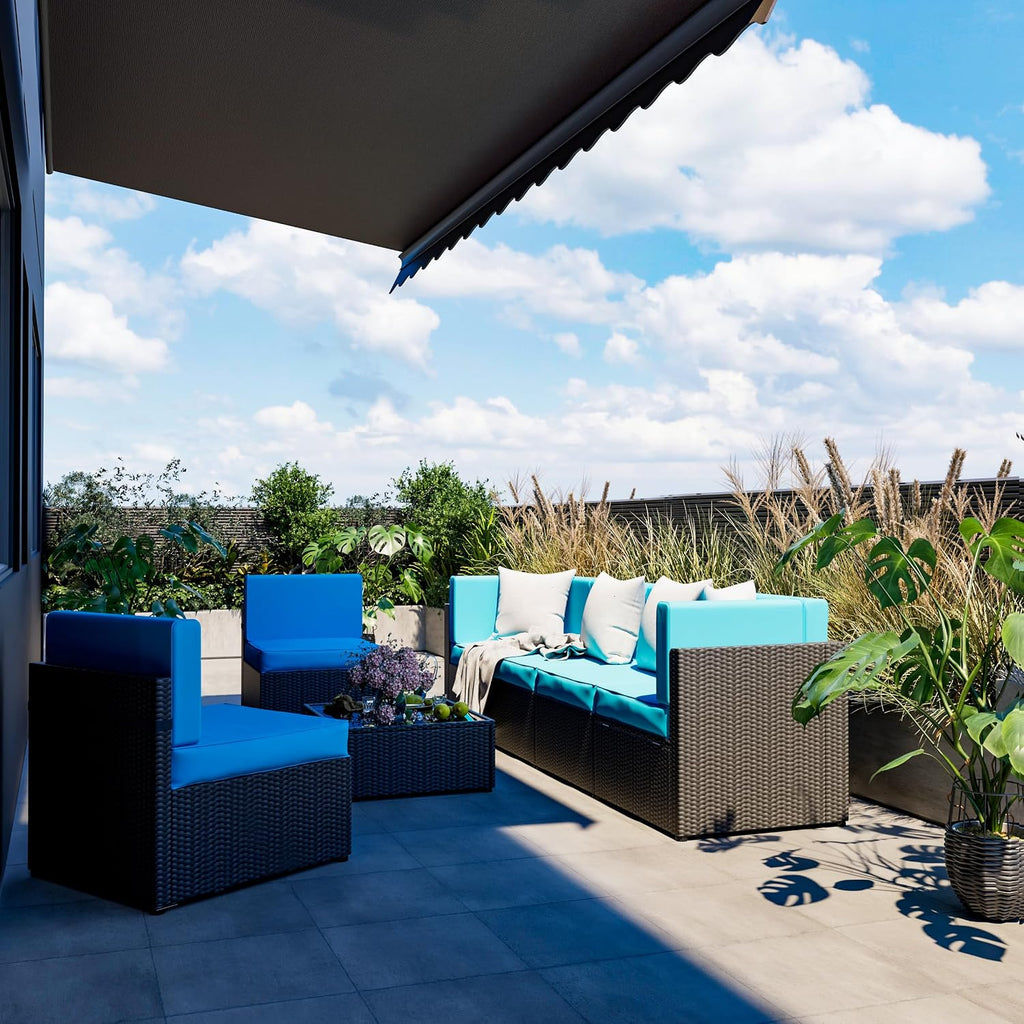 Pamapic Patio Furniture Set, 7 Pieces Modular Outdoor Sectional, Patio Sectional Sofa Conversation Set, Rattan Sofa with Coffee Table and Washable Cushions Covers, Black Rattan and Blue Cushions