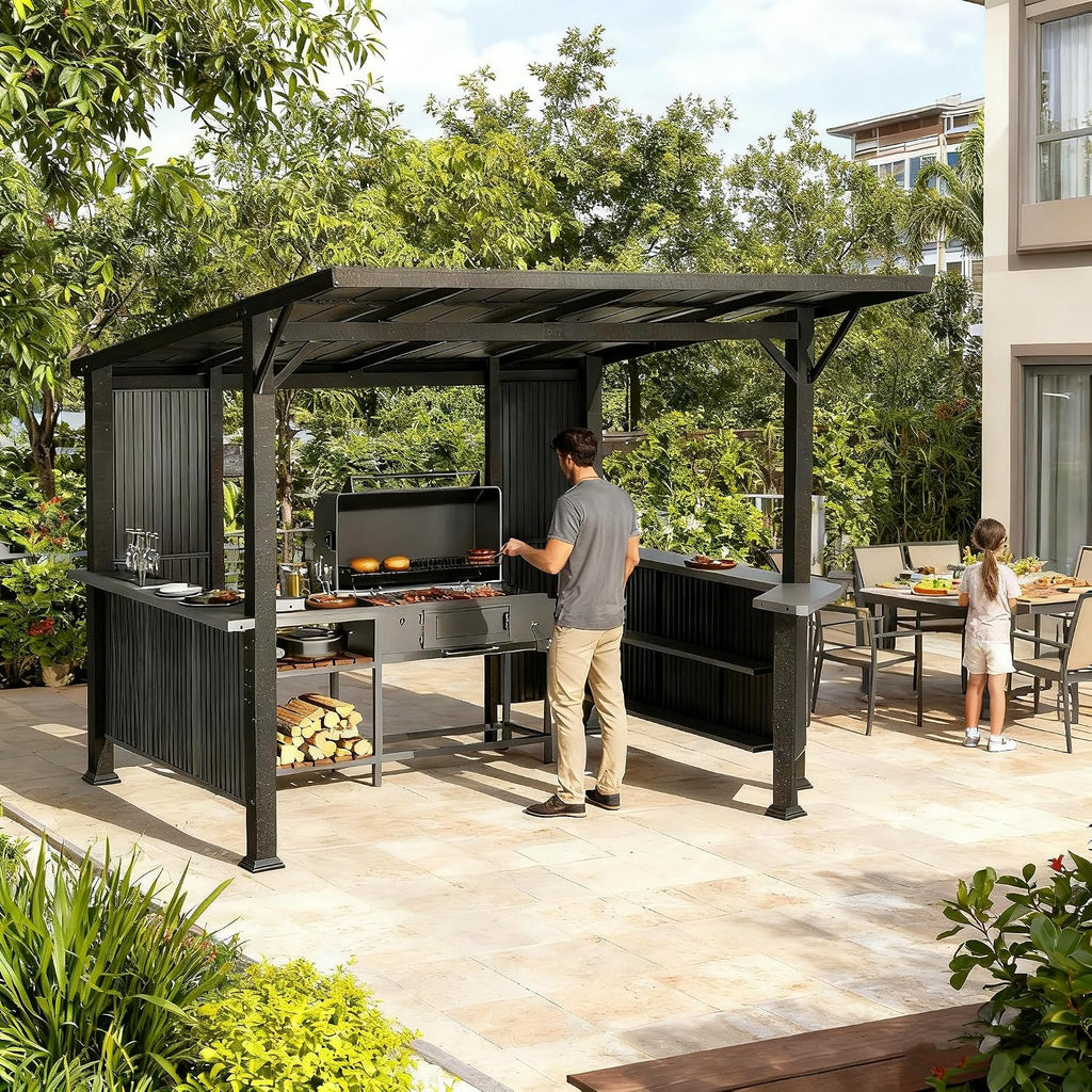 Gotland 10 FT x 10 FT Hardtop Grill Gazebo, BBQ Gazebo with 2 Extended Countertop 2 Side Shelves Drainage Holes Sloping Roof, Metal BBQ Canopy in 2 Combination Styles, for Patio Backyard Black