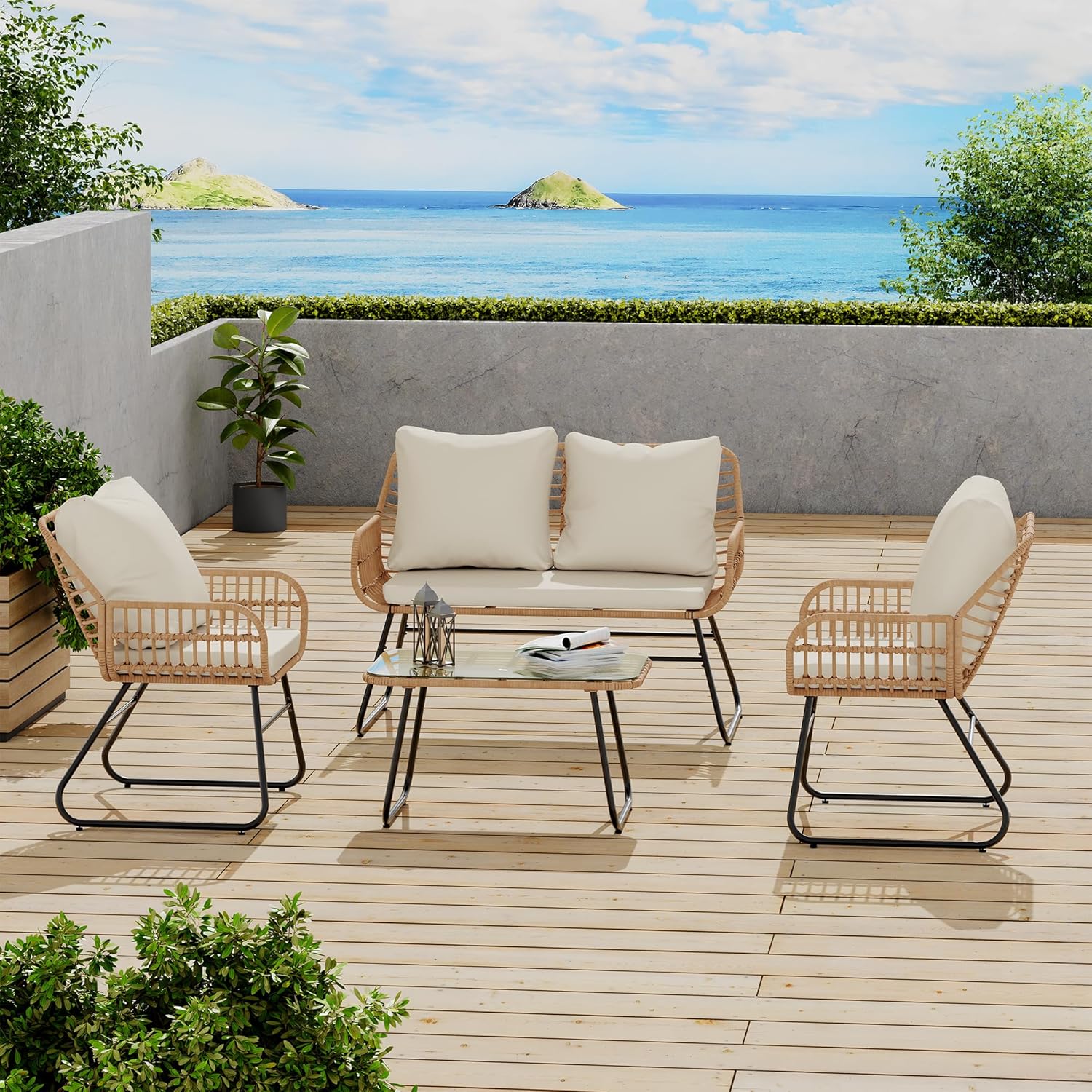 LEX CRAFT 4-Piece Outdoor Patio Furniture Set with Cushions & Tempered Glass Table, All-Weather Rattan Bistro Set with Loveseat Chairs Table Soft Cushions for Garden, Porch, Backyard (Yellow)