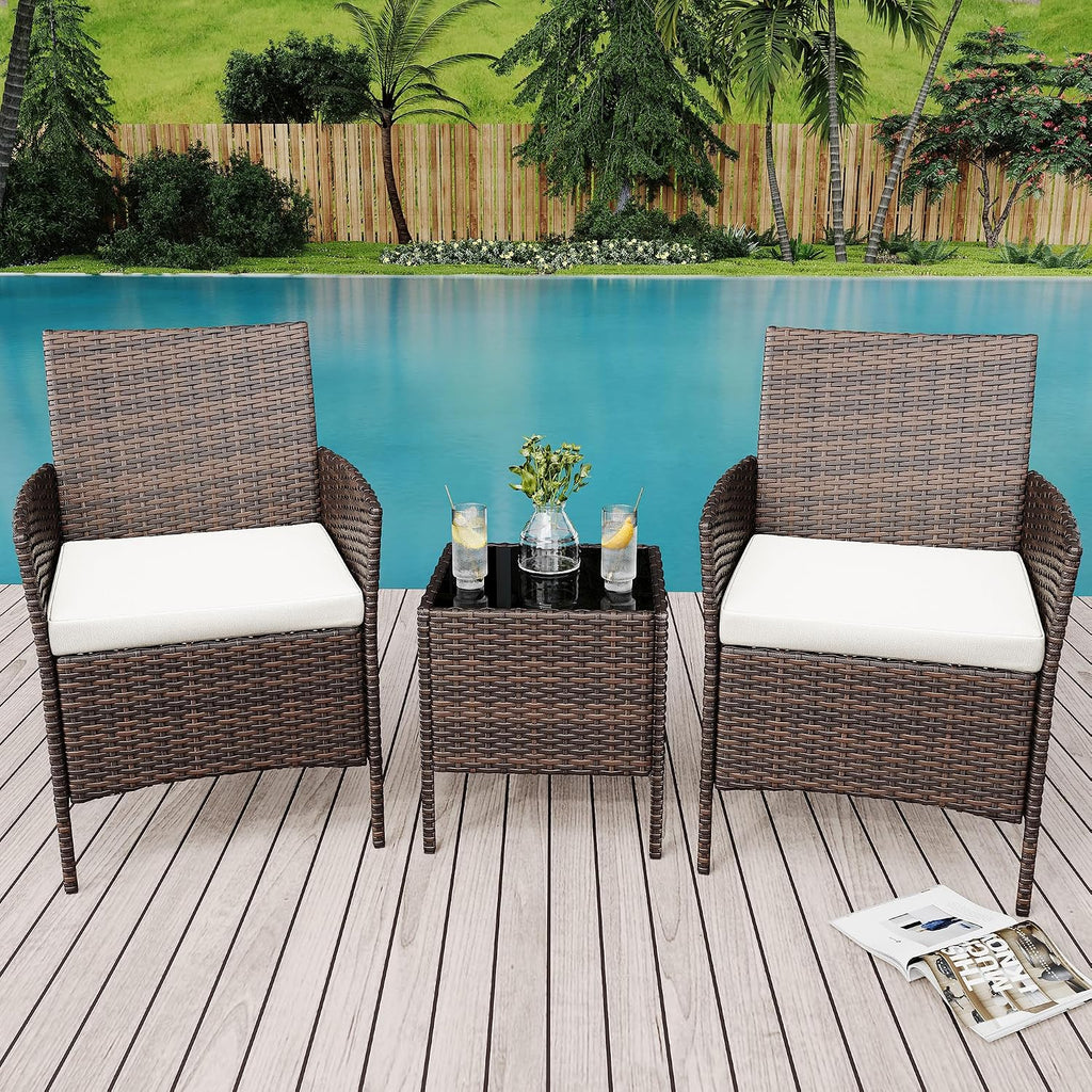 3 Piece Patio Furniture Set, Outdoor Patio Wicker Sofa Set with Upholstery and Glass Table, All Weather Conversation Rattan Sofa for Lawn, Pool, Backyard, Garden, Porch, Brown