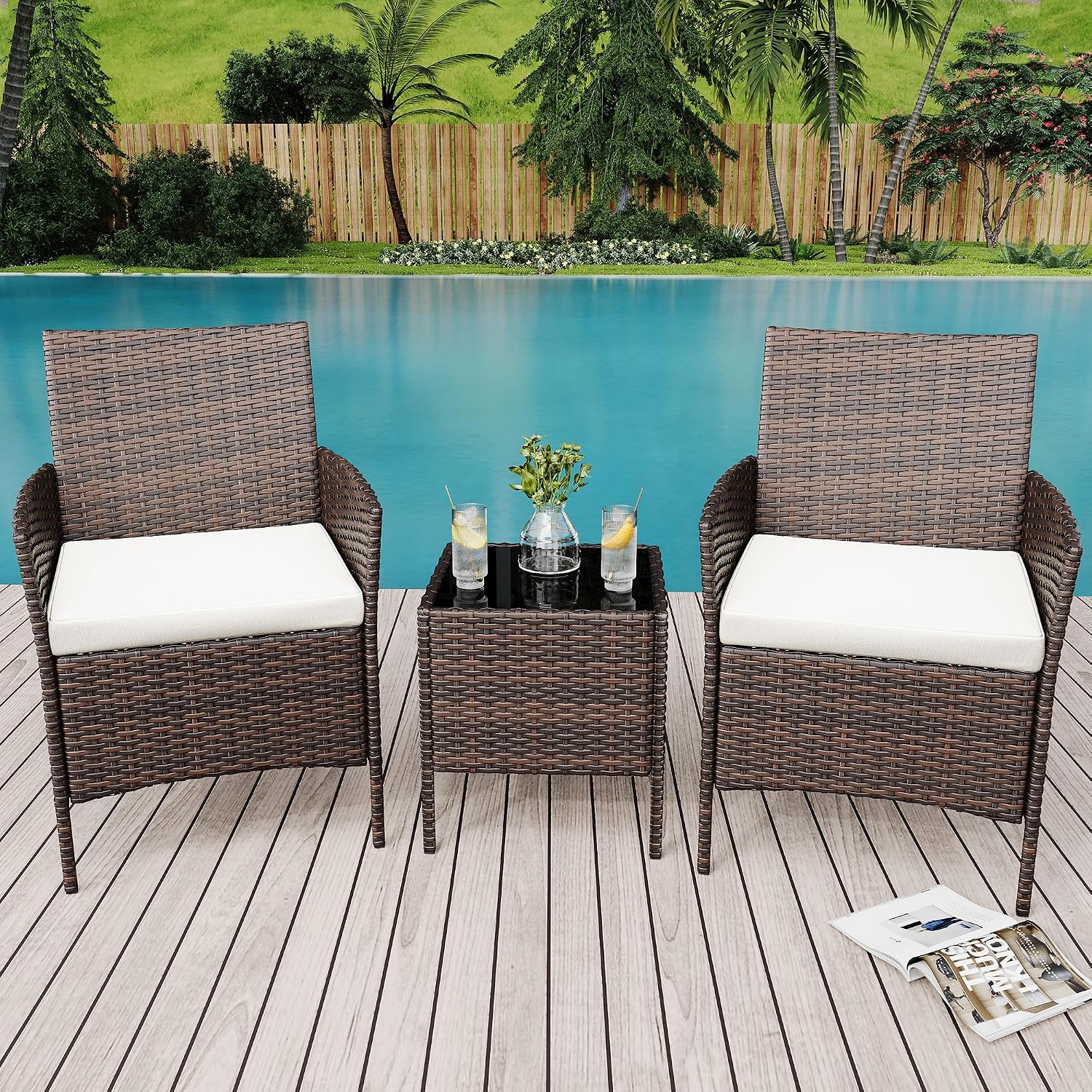 3 Piece Patio Furniture Set, Outdoor Patio Wicker Sofa Set with Upholstery and Glass Table, All Weather Conversation Rattan Sofa for Lawn, Pool, Backyard, Garden, Porch, Brown