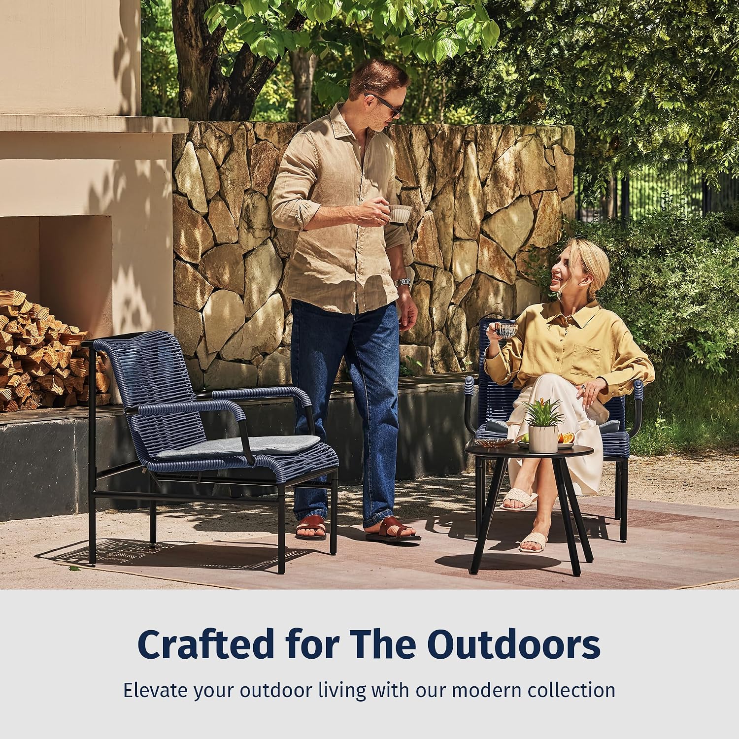 East Oak 3-Piece Patio Furniture Set, Outdoor Bistro Set with PE Rattan Wicker Wide Chairs, Soft Cushions & Coffee Table, Modern All-Weather Wicker Patio Set for Garden and Porch, Navy Blue