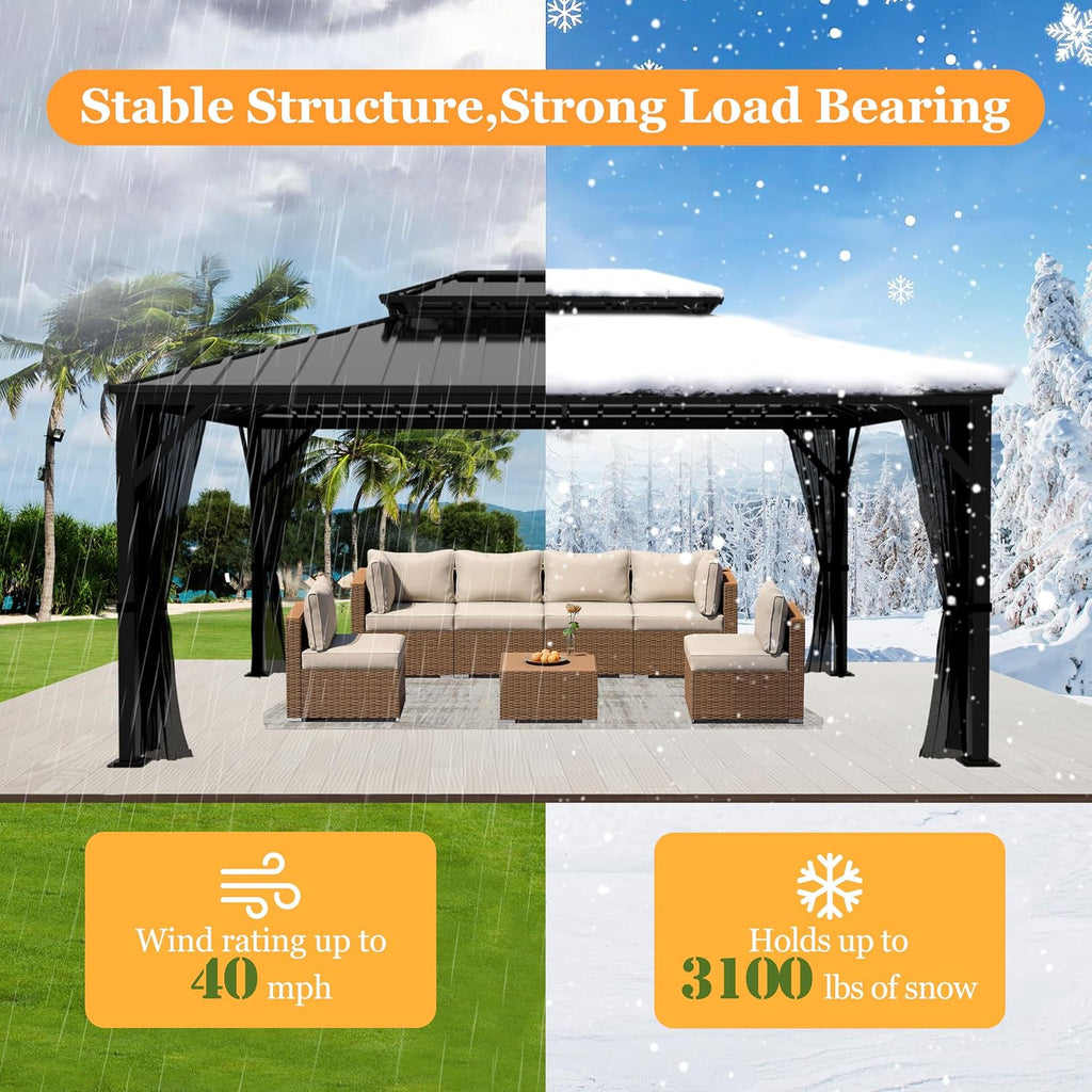 Yardenaler 10x14 FT Hardtop Gazebo Canopy with Double Galvanized Steel Roof, Permanent Outdoor Pavilion with Mesh Netting for Patio, Backyard, Garden, Black