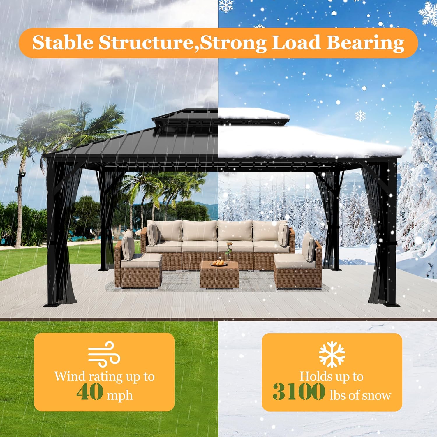 Yardenaler 10x14 FT Hardtop Gazebo Canopy with Double Galvanized Steel Roof, Permanent Outdoor Pavilion with Mesh Netting for Patio, Backyard, Garden, Black