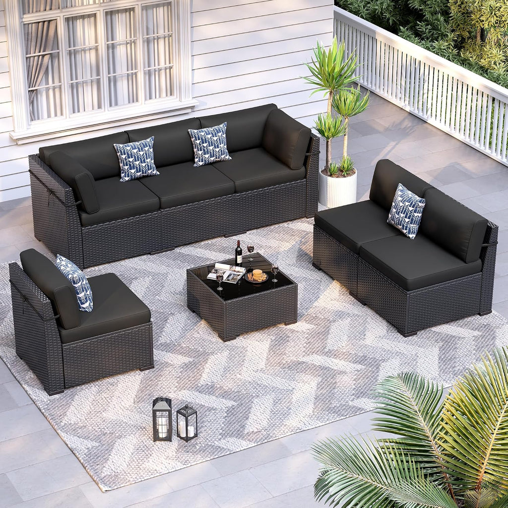 Patio Furniture Sets, 7-Piece Outdoor Patio Furniture with Thick Cushions,Coffee Table Outdoor All-Weather Conversation Set Sectional Sofa for Backyard, Poolside, Garden(Black)