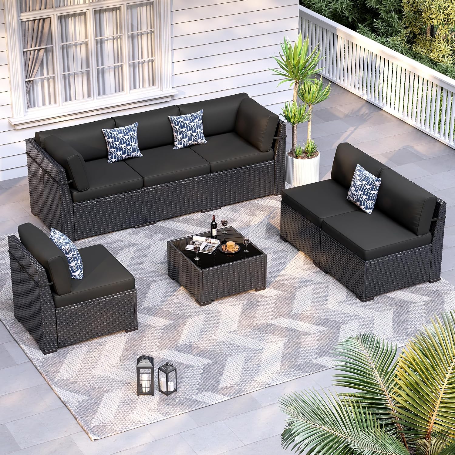 Patio Furniture Sets, 7-Piece Outdoor Patio Furniture with Thick Cushions,Coffee Table Outdoor All-Weather Conversation Set Sectional Sofa for Backyard, Poolside, Garden(Black)