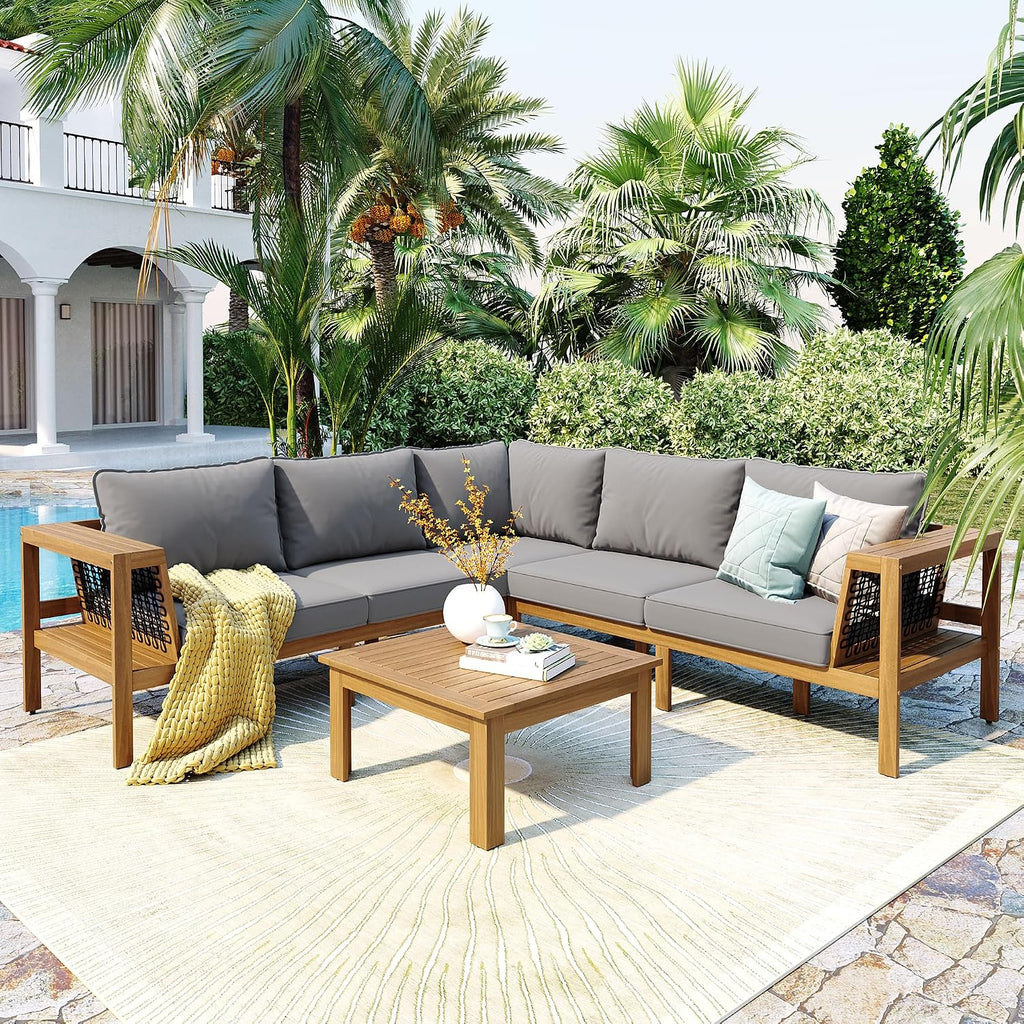 4 Piece Outdoor Patio Furniture Set, L-Shaped Patio Sofa Set with Coffee Table and Woven Mesh Armrests, All-Weather Conversation Seat with Cushions and Side Table (Gray+Natural)