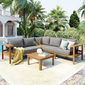 4 Piece Outdoor Patio Furniture Set, L-Shaped Patio Sofa Set with Coffee Table and Woven Mesh Armrests, All-Weather Conversation Seat with Cushions and Side Table (Gray+Natural)