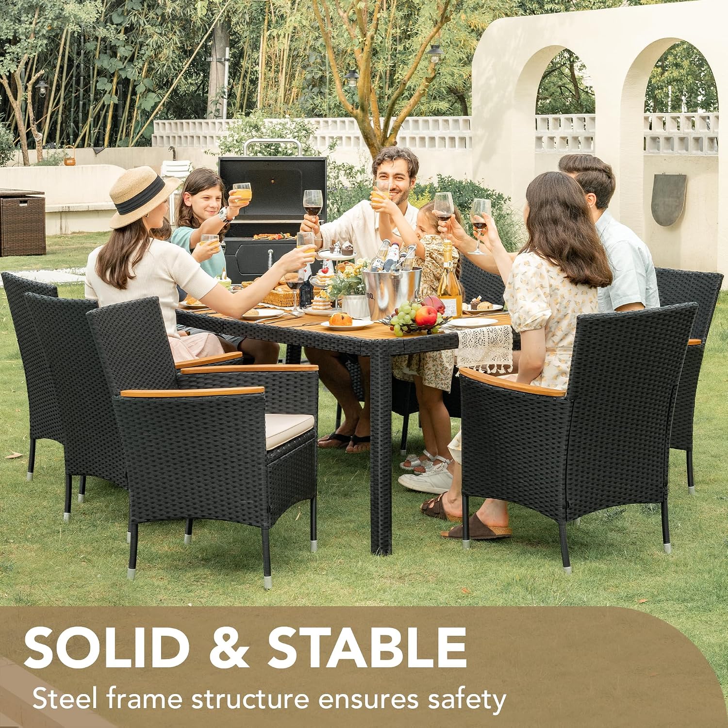 Devoko Outdoor Patio Dining Sets 9 Pieces Wicker Outdoor Dining Table and Chairs Set with Acacia Wood Table Top and Widened Armrests for Backyard, Garden, Deck (Black)