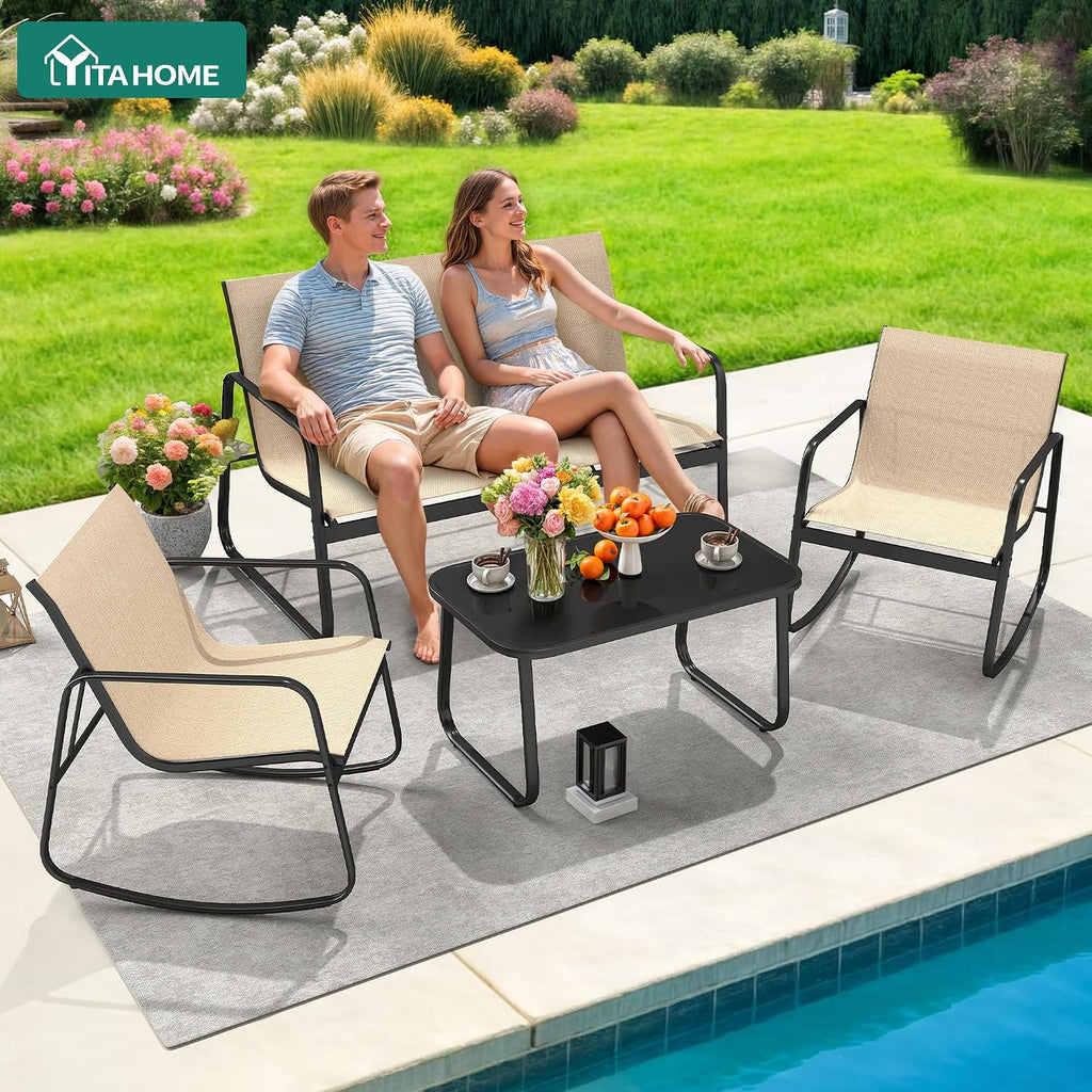 YITAHOME 4 Pieces Patio Furniture Set, Outdoor Textilene Conversation Sets Rocking Bistro Chairs, Loveseat and Glass Table for Living Room Lawn Garden Balcony Poolside Backyard (Brown)