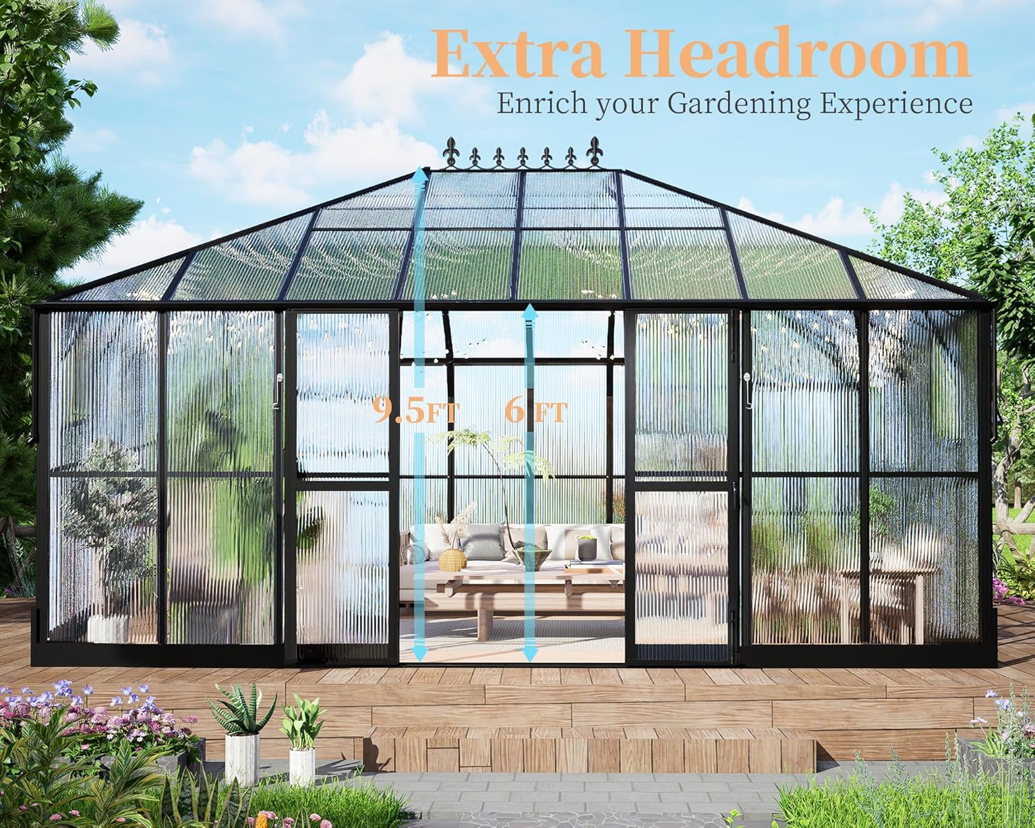 HOWE 16x12x9.5 FT Polycarbonate Greenhouse for Outdoors, Pavilion Style Greenhouse with 4 Vent Windows, Lockable Double Doors, Ideal for Garden & Patio Use, Black